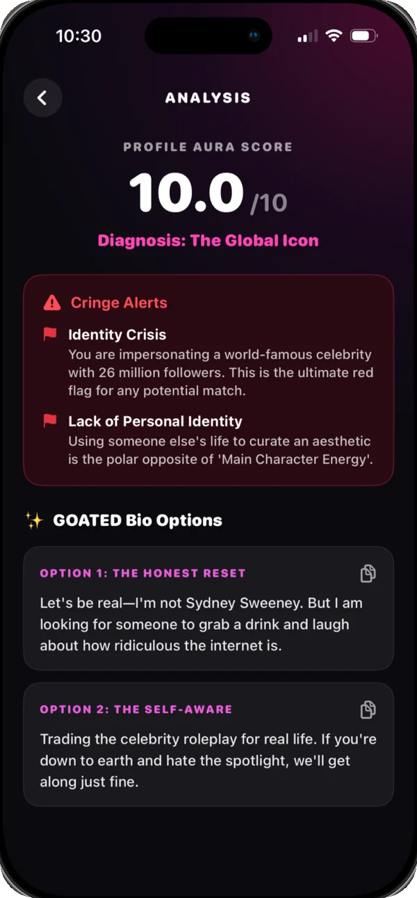 Profile analysis screen with an aura score, cringe alerts and rewritten bio options.