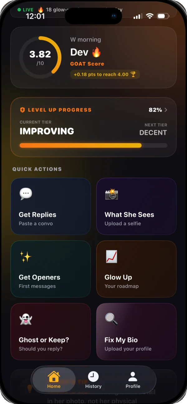 Goatmaxx home screen with the GOAT Score, level-up progress and six quick actions.