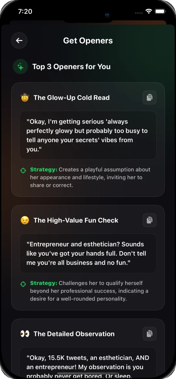 Get Openers: three first messages generated from a profile bio, each with a strategy note.