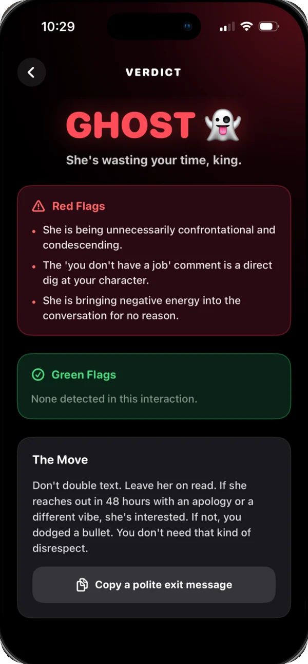 The Verdict screen in Goatmaxx reading GHOST, with a list of red flags, an empty green flags list, and a recommended move.